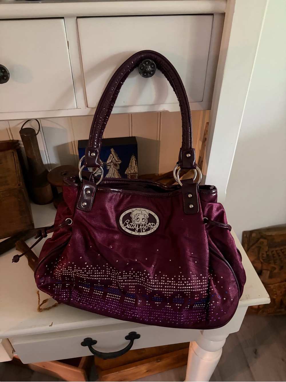 Betty Boop Plum Patent Shoulder Bag with Stud Accents